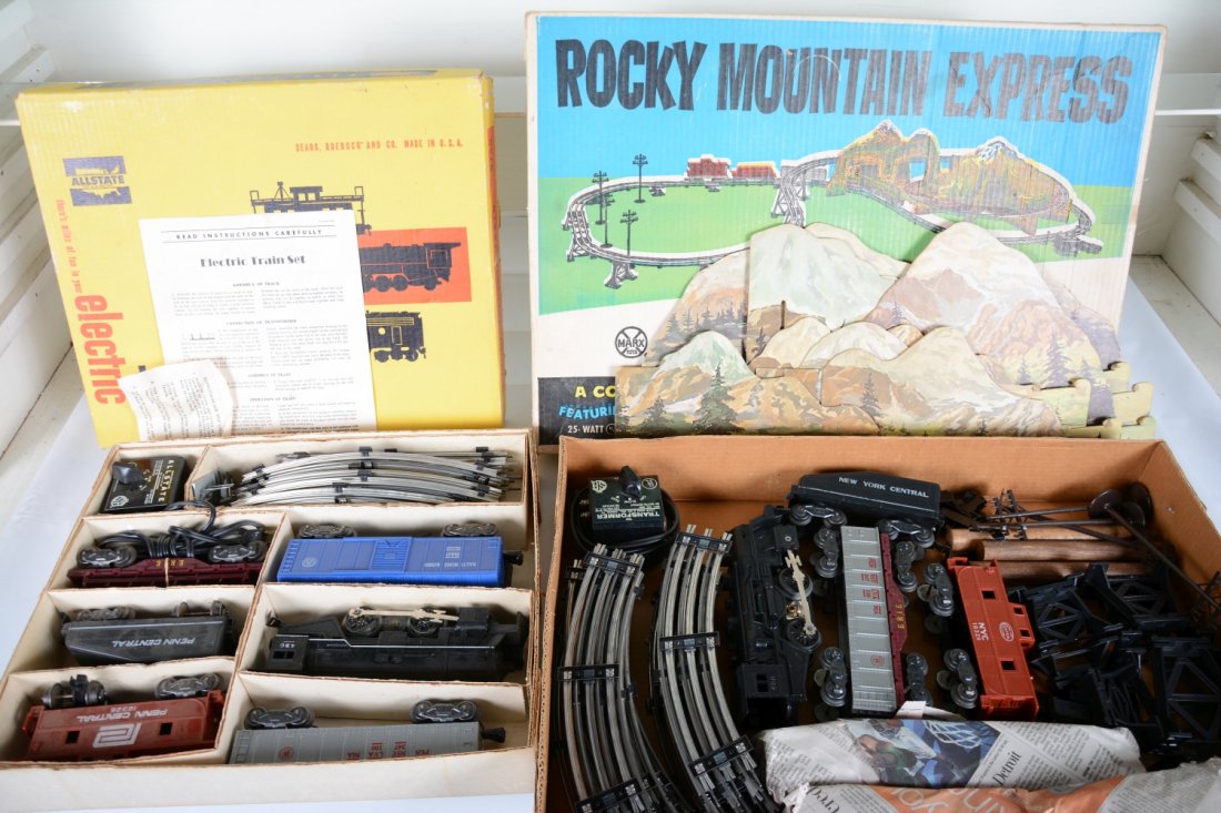 2 Boxed Marx Sets: Includes a 48-3088M Rocky Mountain Express with 490 loco & tender; log flat, gondola & caboose, figure-8 track with trestles and scenery set, setbox, no inserts, C7; Sears Allstate 9735 with 490 steam