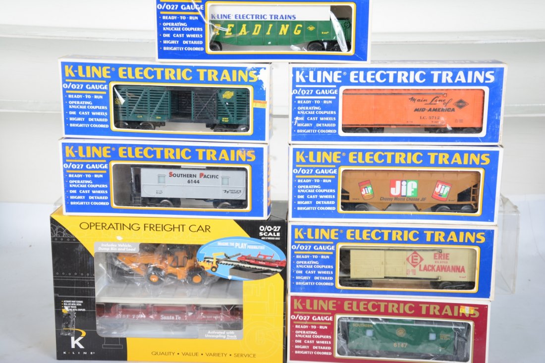 K-Line Freight Cars: Includes a K723-1051 log dump set; 6515 Reading gondola; 6512 IC boxcar; 7513 EL boxcar; 6147 Southern caboose; 6144 SP caboose; 5213 C&N stock car; Jiff covered hopper. All appear new in boxes, C10