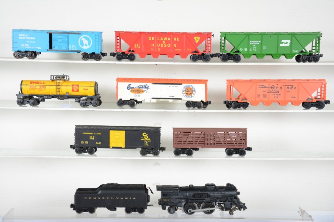 Lionel Steam Freight Set: Includes an 8304 cast loco with smoke & light; PRR tender with Sound of Steam; 7302 stock car; 9715 boxcar; 9112 hopper; 9860 reefer; 9152 tank car; 6101 hopper; 6124 hopper; 9206 boxcar. Some are dus