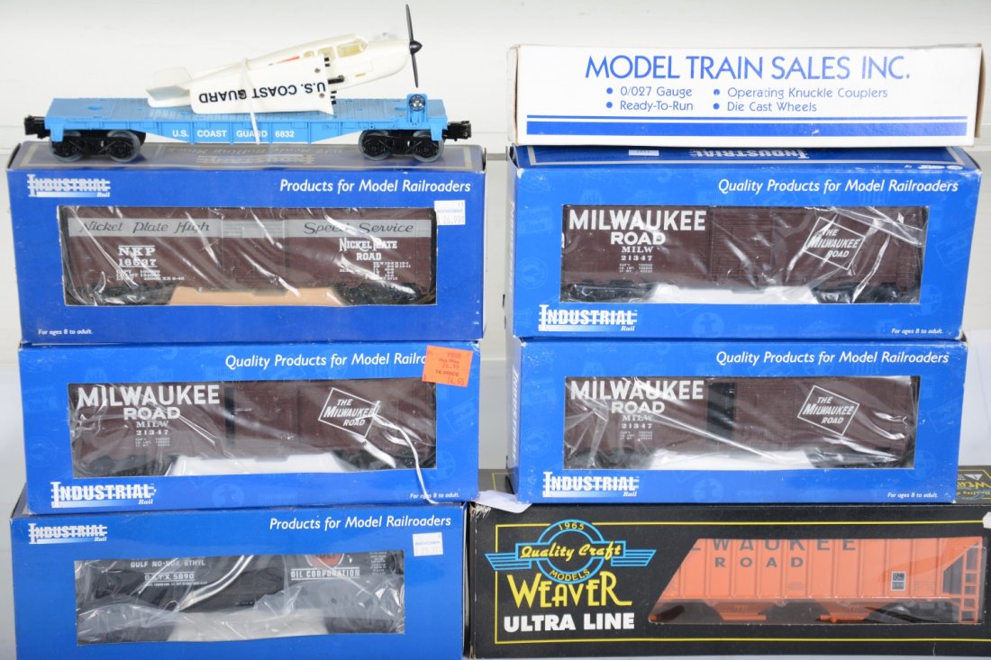 Modern Freight Cars: Industrial Cars include- 3 #1004 MR boxcars; 1009 NPR boxcar; 6011 Gulf tank; Weaver 98605 MR hopper; MTS 6832 flat with Coast Guard plane. All are new in boxes, C10