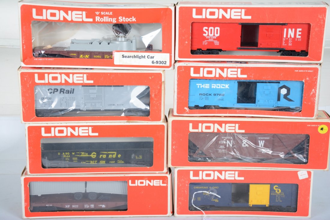 Lionel MPC Freight Cars: Includes 9706 C&O boxcar; 9122 NP trailer flat; 9111 N&W hopper; 9144 RG gondola, dusty; 9730 CP Rail boxcar; 9782 Rock boxcar; 9207 SOO boxcar; 9302 searchlight. All show light runtime with C9 bodies