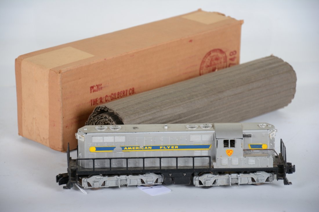 Boxed American Flyer 371 GM GP7 Diesel: S Gauge. Fairly clean with 100% decals 1 side; 97% other. It shows light to moderate playwear with nice box & wrap, C7