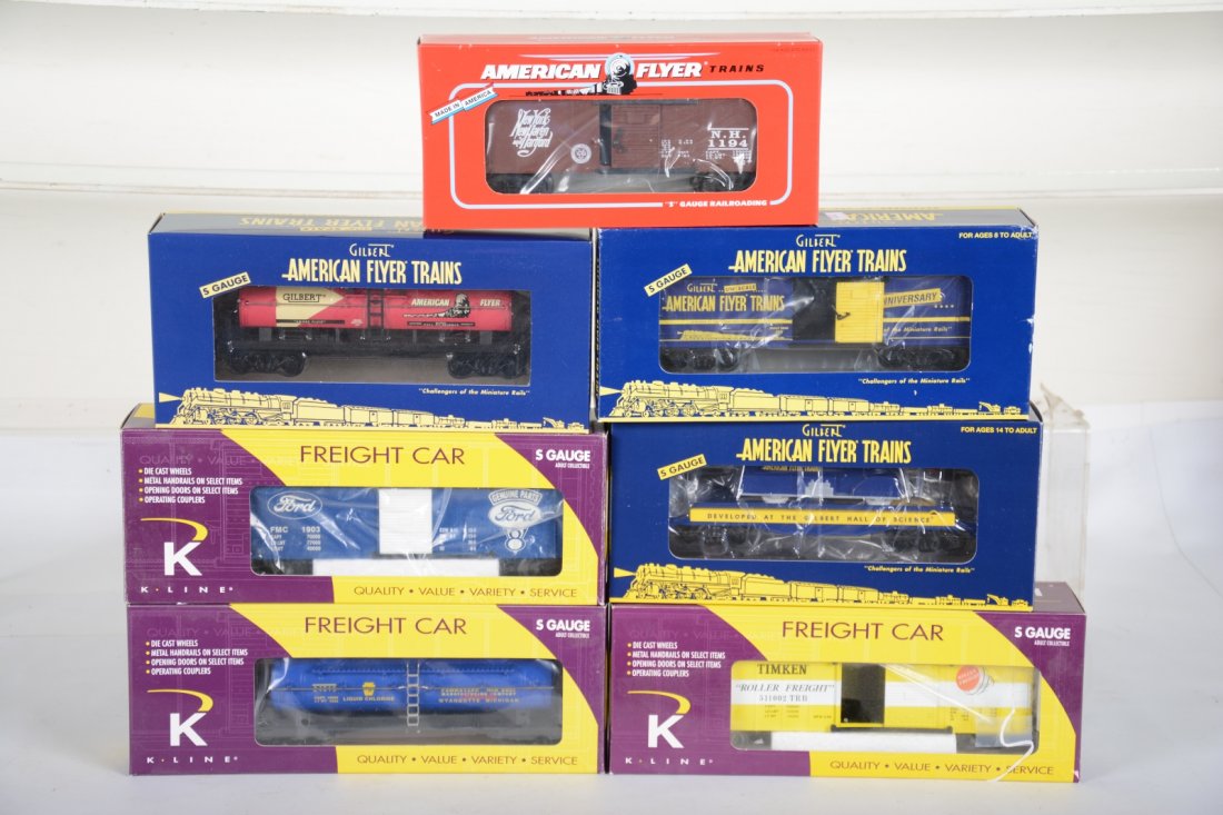 American Flyer & K-Line Freight Cars: S Gauge. Includes Lionel-AF 48434 Smoke Fluid tank; 49049 AF unloading car; 48364 Gilbert 60th boxcar; 48486 NH boxcar; K-Line 511-001 Ford boxcar; 511-002 Timken boxcar; 511-013 PRR boxcar. All are n
