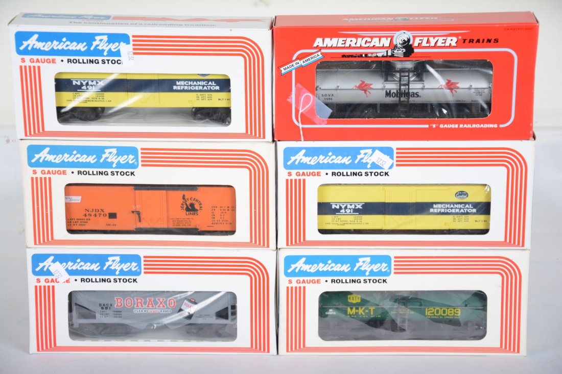 American Flyer NASG Freight Cars: S Gauge. Includes 48475 Boraxo hopper; 52095 Mobilgas tank; 2 #48436 NYMX reefers; 48470 JC reefer; 48471 MKT tank. All are new in boxes, C10