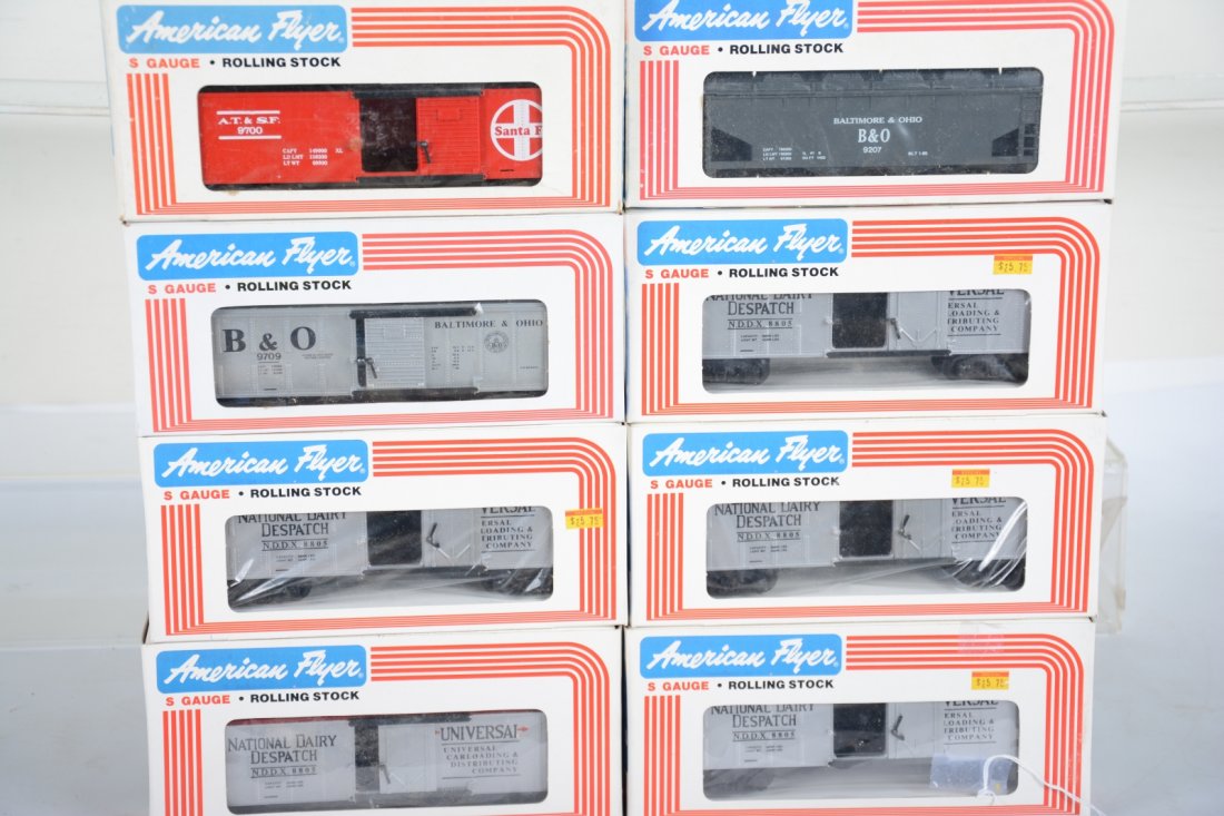 Lionel-American Flyer Freight Cars: S gauge. Includes 5 #48805 National Dairy reefers; 9709 B&O boxcar; 9207 B&O hopper; 9700 SF boxcar. All are new in boxes, C10