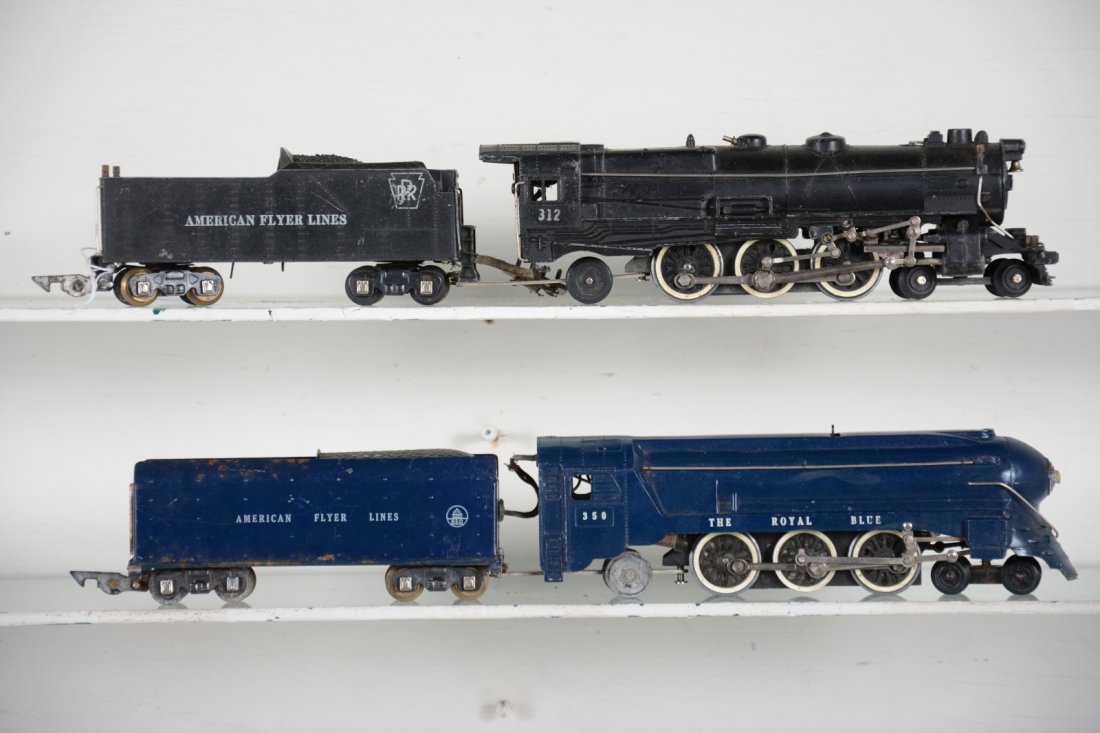 American Flyer 350 & 312 Steam Locos: S gauge. Includes a 350 Royal blue streamline loco, early version with grab rails; 312 PRR K-4 with smoke in boiler. They show light to moderate playwear with bright rods, C6+-7
