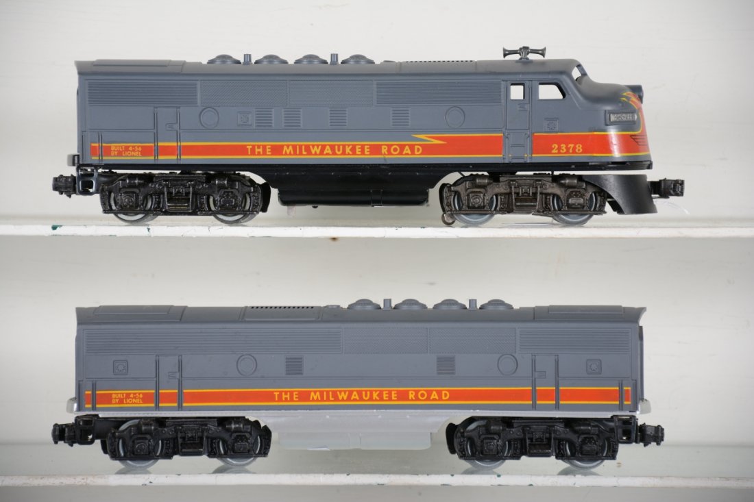 Lionel (2378) MR F3 AB Diesels: Bought from RM Auction of Kuhn Collection. Has repainted MPC shells on MPC chassis. Note the silver B-unit chassis and power cab missing window inserts. They otherwise appear like new, C8+