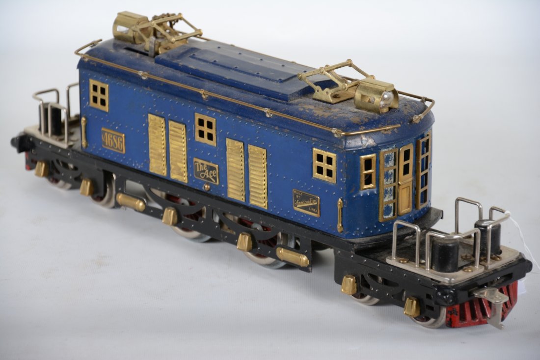 Rare American Flyer 4686 Ace Loco: Standard Gauge. Uncataloged 4-4-4 circa 1920s. Painted in Rolls-Royce blue. The pilots have black sand domes, most Ace locos have red. Over-all shows moderate playwear, C5+ Scarce!