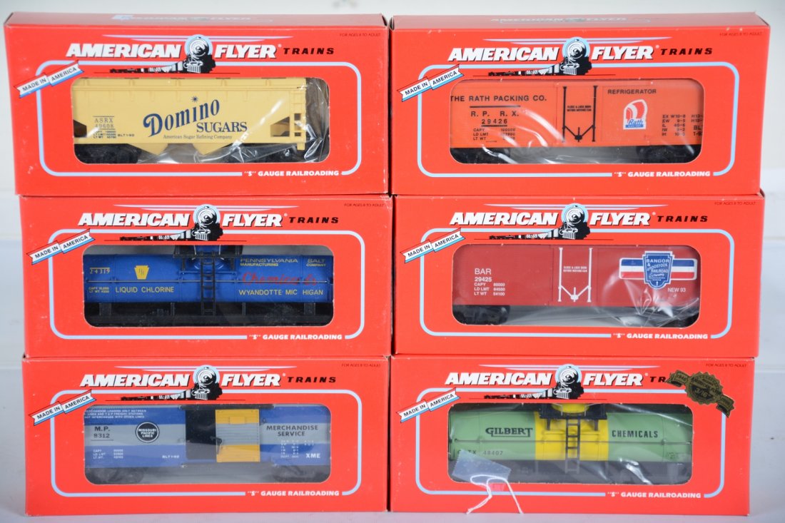 Lionel-American Flyer Freight Cars: S Gauge. Includes 48316 B&A reefer; 48317 Rath reefer; 48407 Gilberts tank; 49608 Domino Sugar hopper; 48312 MP boxcar; 48402 Penn Salt tank. All are new in boxes, C10