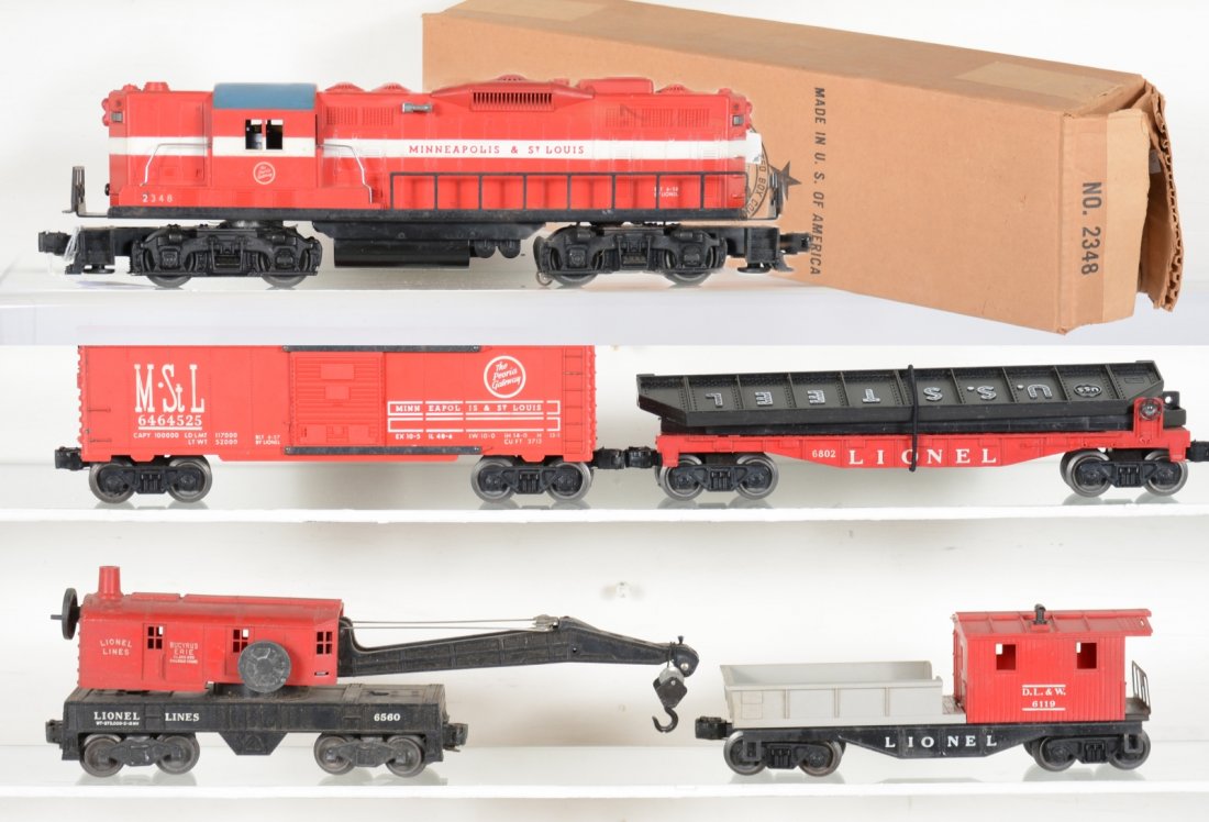 Clean Lionel 2348 Set (2502W): 1958 production work train. Includes a 2348 M&StL GP9 diesel. Nice intact cab with satin patina and clean battery box, nice ob; 6464-525 M&StL boxcar, type III; 6802 flat with girders; 6560 crane; 611