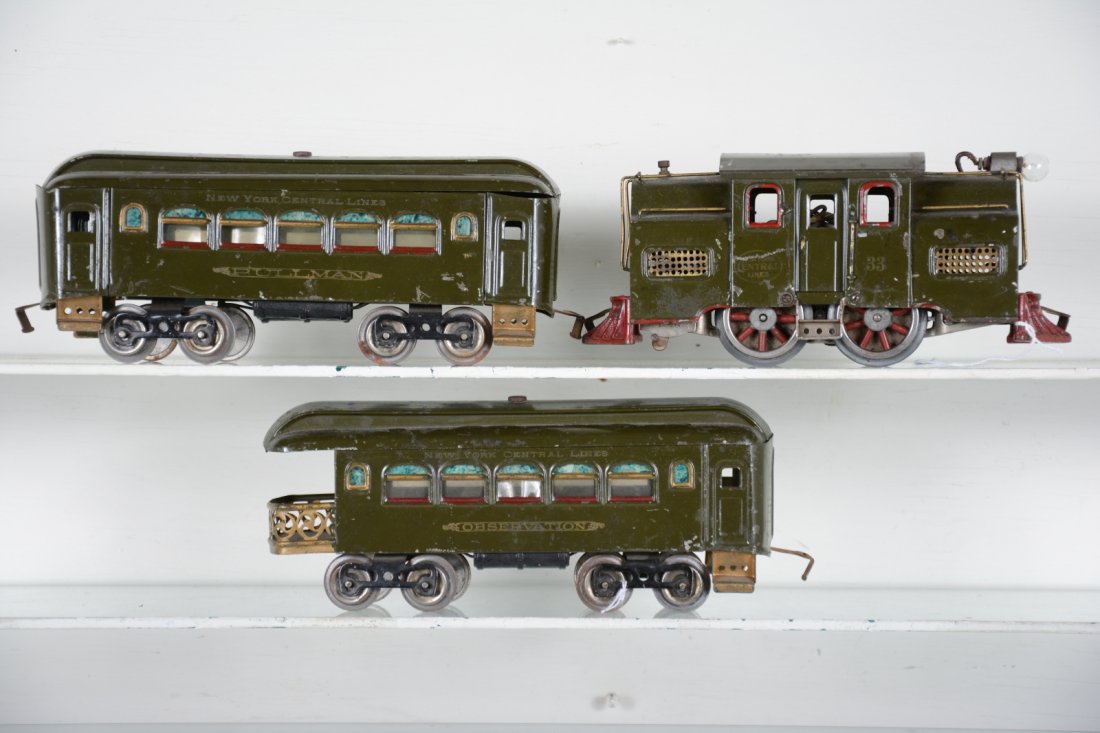 Lionel 33 Passenger Set: Standard gauge. Includes a 33 center cab electric with split frame; 35 Pullman; 36 observation, all matching light olive. The set shows moderate playwear, clean C6-