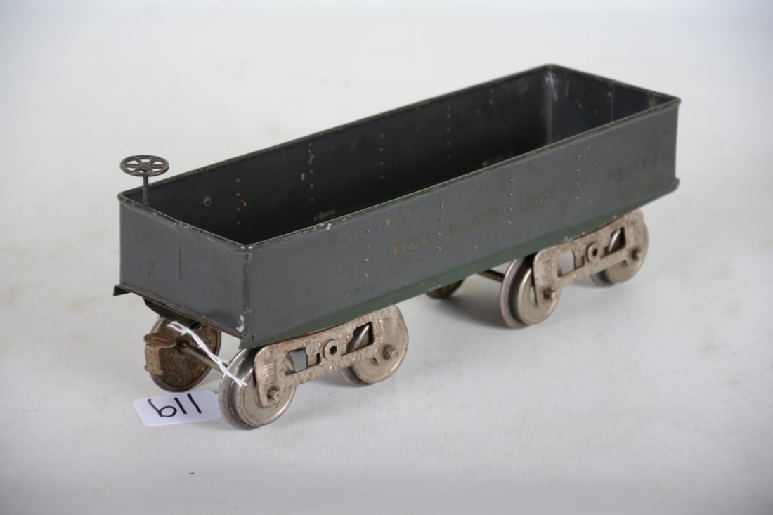 Nice Lionel 12 Rock Island Gondola: Standard gauge. A bit tougher to find than the Lake Shore version. It has nice clean shiny patina with wonderful gold lettering, a small ding 1 side mars the finish, but doesn't offend and is missing 