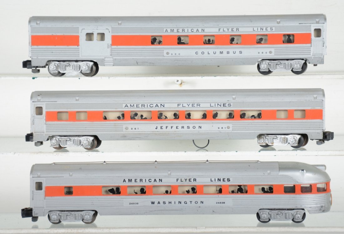 American Flyer Orange Stripe Passenger Cars: S gauge. Includes a 960 combine; scarce 961 coach; 24836 observation. They are clean and show moderate playwear, C6+-7