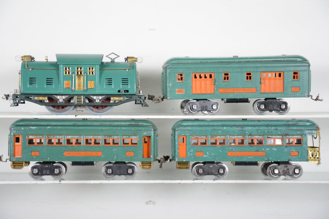 Lionel 10 Passenger Set: Standard Gauge. Includes a 10 center cab electric, pro restoration; 332 baggage; 339 Pullman; 341 observation. Cars show moderate playwear, Clean C6