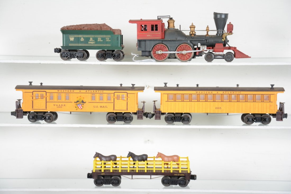 Lionel General Set (1800): Circa 1959. Includes an 1862 steam loco, cab corner repaired, broken whistle; 1862T tender; 1866 baggage; 1865 coach; 1877 flat with replaced fence, 3 horses. Rest show light to moderate playwear, C7