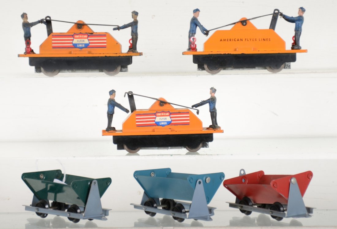 American Flyer Handcar Lot: S Gauge. Includes scarce 740 handcar with black lettering, intact, C7; 3 Mining tipple cars, C7+; 2 #740 handcars, 1 missing a nib, other missing lanterns(Make 2 into 1!). Rest show moderate playwear,