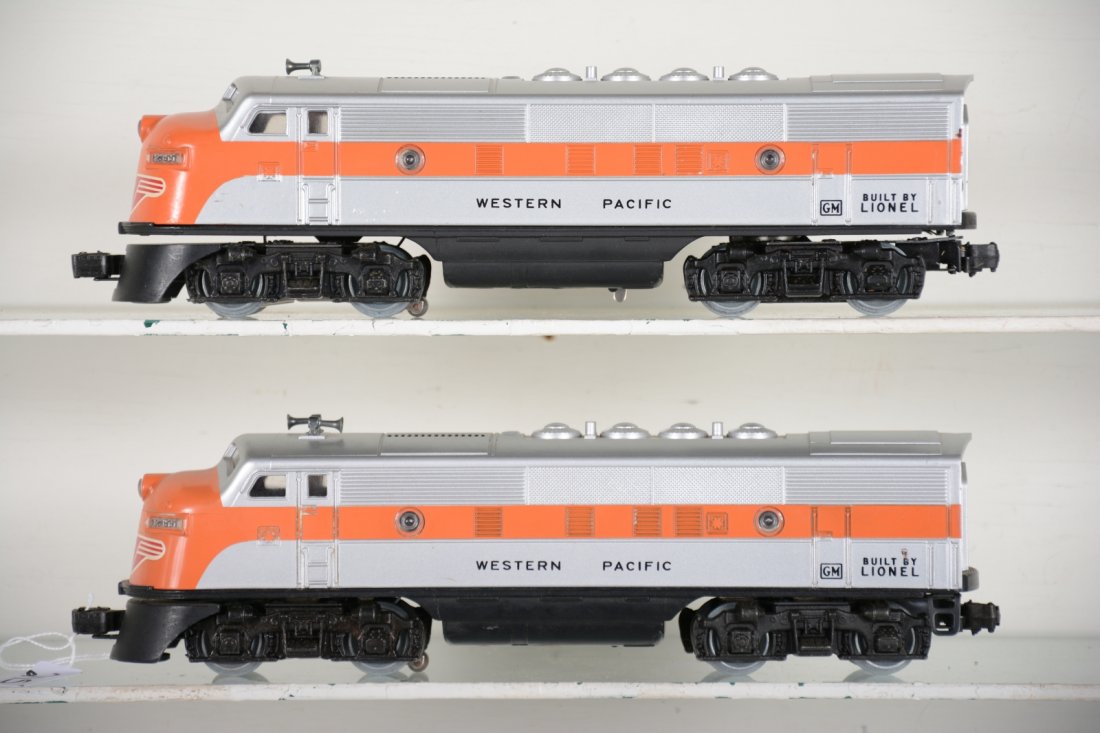 Lionel (2355) WP F3 AA Diesels: Bought from RM Auction of Kuhn Collection. Has repainted MPC shells on MPC chassis. They appear like new, C8+