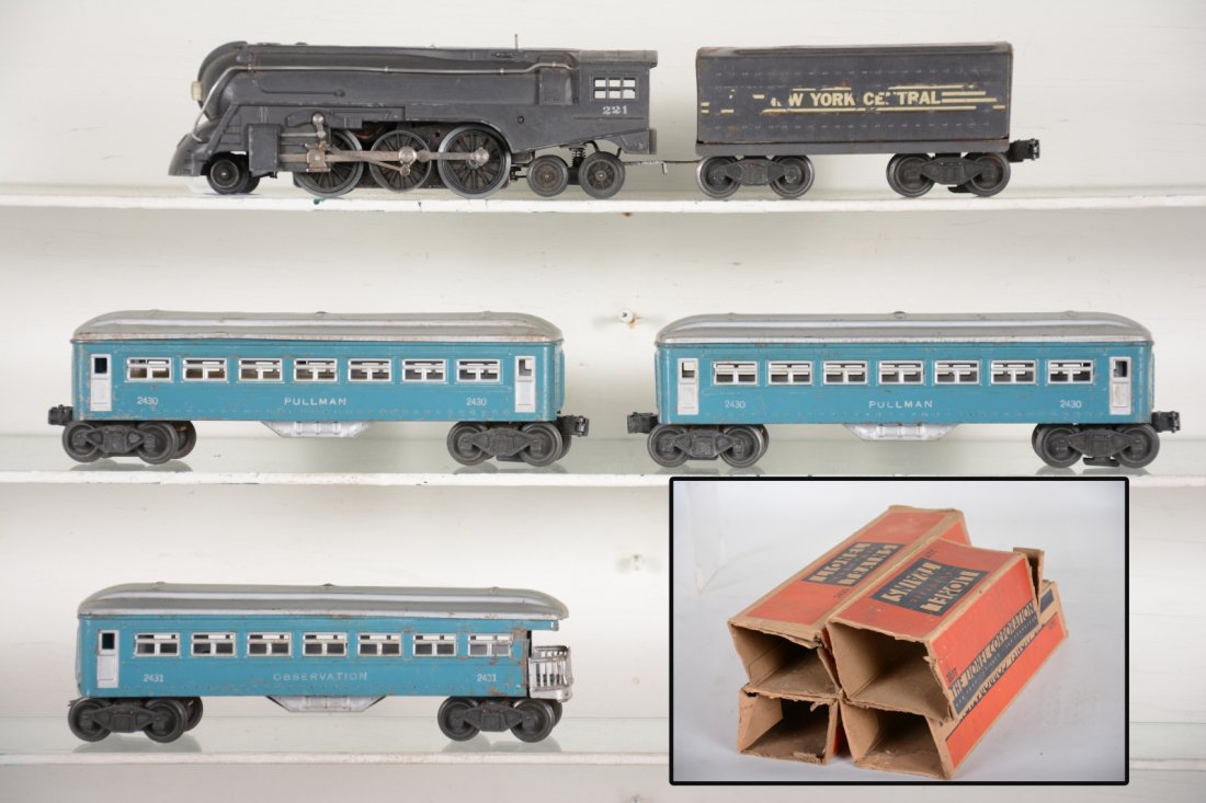 Early Lionel 221 Passenger Set: Includes a 221 Dreyfuss Hudson loco; 221T NYC tender, decals 30% 1 side; 90% other; 2 #2430 Pullmans; 2431 observation with dent near observation deck one side and missing coupler head. All have late 