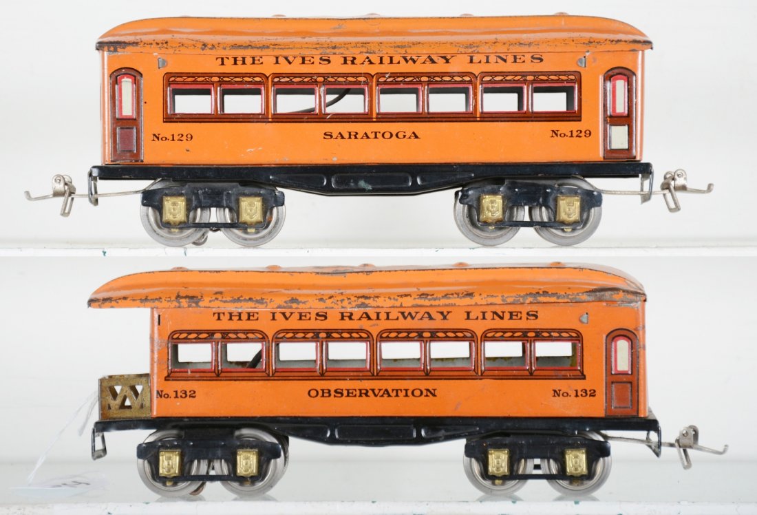 Ives 129 & 132 Passenger Cars: Circa 1926. Includes a 129 Saratoga Pullman; 132 Observation. They are illuminated, clean & shiny, showing moderate playwear, C5+