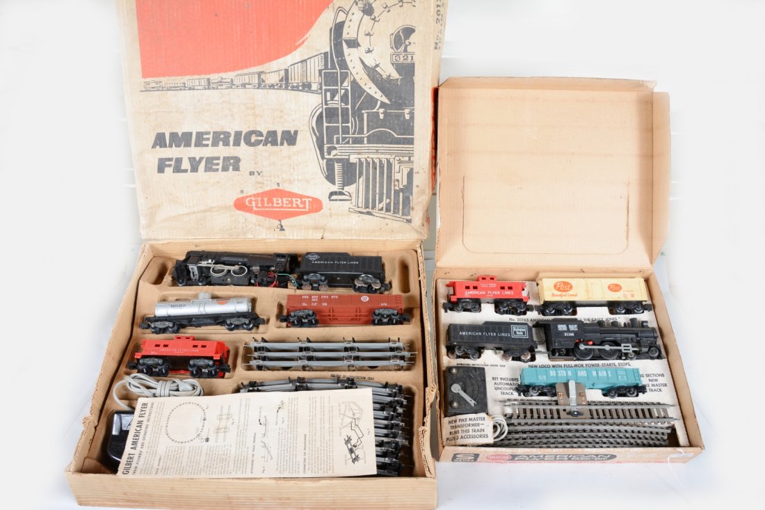 Boxed American Flyer Sets 20705 & 20175: S Gauge. 20705 includes 21166 Casey Jones loco; 24124 B&M gondola; 24058 Post boxcar; 24636 caboose, track & transformer, display insert osb, C7+; Set 21075 with 21160 Reading Atlantic; 24110 PRR gond