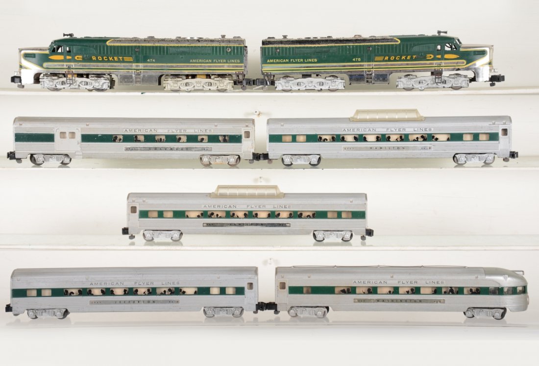 7Pc American Flyer Rocket Set: S Gauge. Includes a 474 & 475 Rocket PA Alco AA Diesels, chrome versions with black spots leaching through, nice decals though!, C4; 960 combine; 2 #962 vista-domes; coach; 963 observation. All are si
