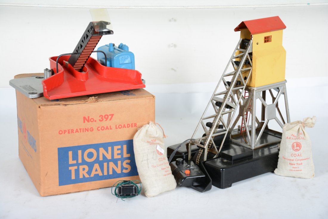 Lionel 97 & Boxed 397 coaling Accessories: Includes a boxed 397 coal loader, complete with nice box, C8; 97 coal elevator, some oxidation on silver, showing moderate playwear with controller & 206 coal, C6.
