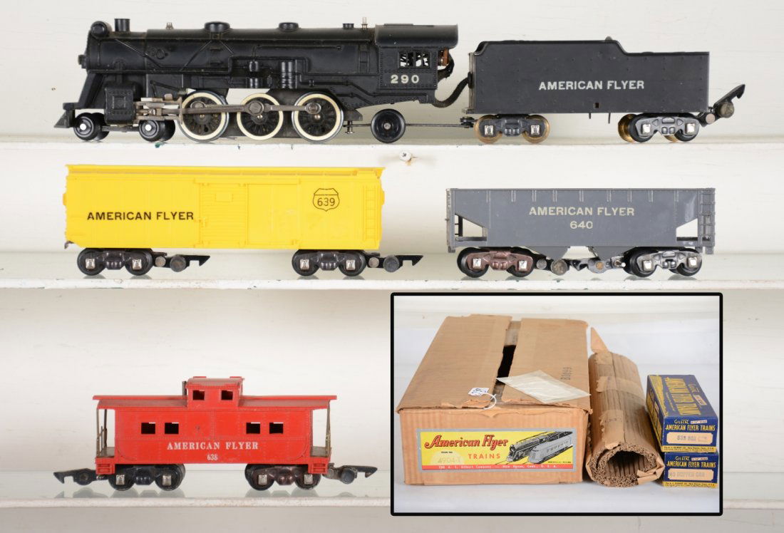 Boxed American Flyer 290 Set 4904T: S Gauge. Circa 1950. Includes a 290 Pacific loco with smoke & Choo-Choo; 639 boxcar; 640 hopper, all with boxes & wrap; 638 caboose. All show light playwear with nice setbox, C7+-8