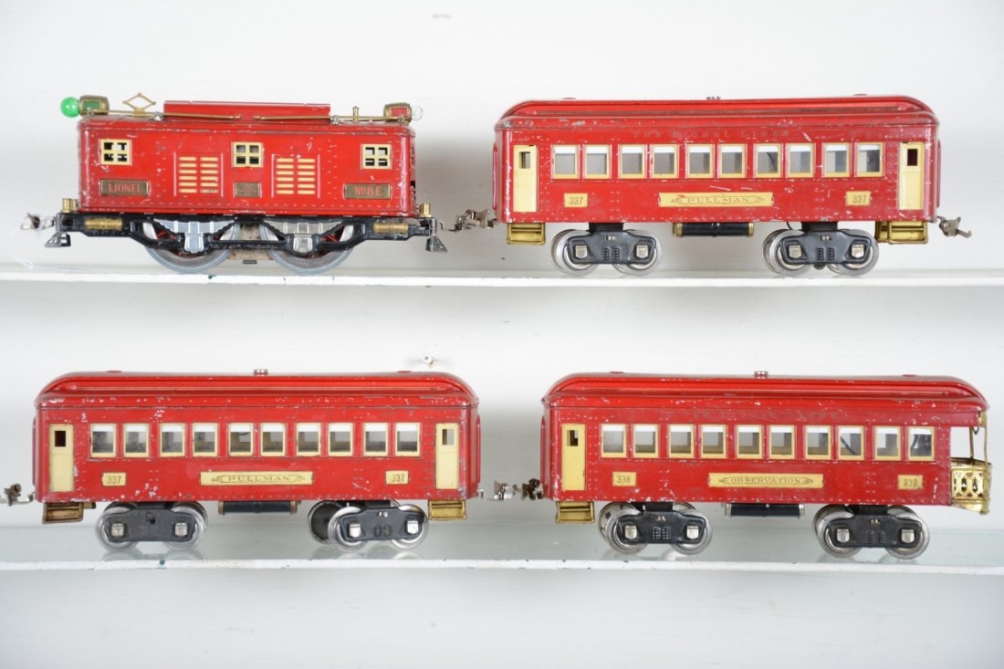 Lionel 8E Passenger Set: Standard gauge. Clean and matched set. Includes an 8E boxcab electric, rewheeled; 2 #337 Pullmans; 338 observation. All show moderate playwear, C6-