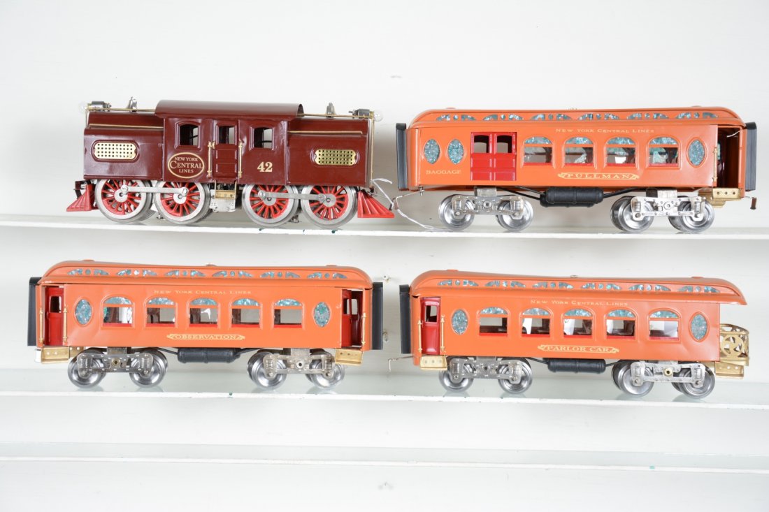Restored Lionel 42 Set: Standard gauge. Nicely restored maroon 42 dual motor electric; 19 combine; 18 Pullman; 190 observation, nicely restored in orange.