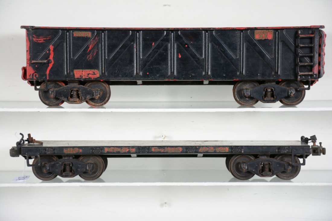 Buddy L 1005 & 1006 Railroad Cars: Includes a 1006 flat car, clean with 90% decals, missing wood stakes; 1005 gondola, partially repainted. Flat shows moderate wear, clean & shiny, with 1 1/2 couplers, C6