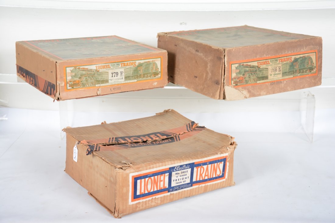 Empty Lionel Set Boxes 266, 234 & 179: 234-Circa 1935 Freight set; 179-circa 1933 252 set; 266 L Green - 1circa 1933, 254E pea set, top corns split. Otherwise all are fairly clean, showing signs of wear & use.