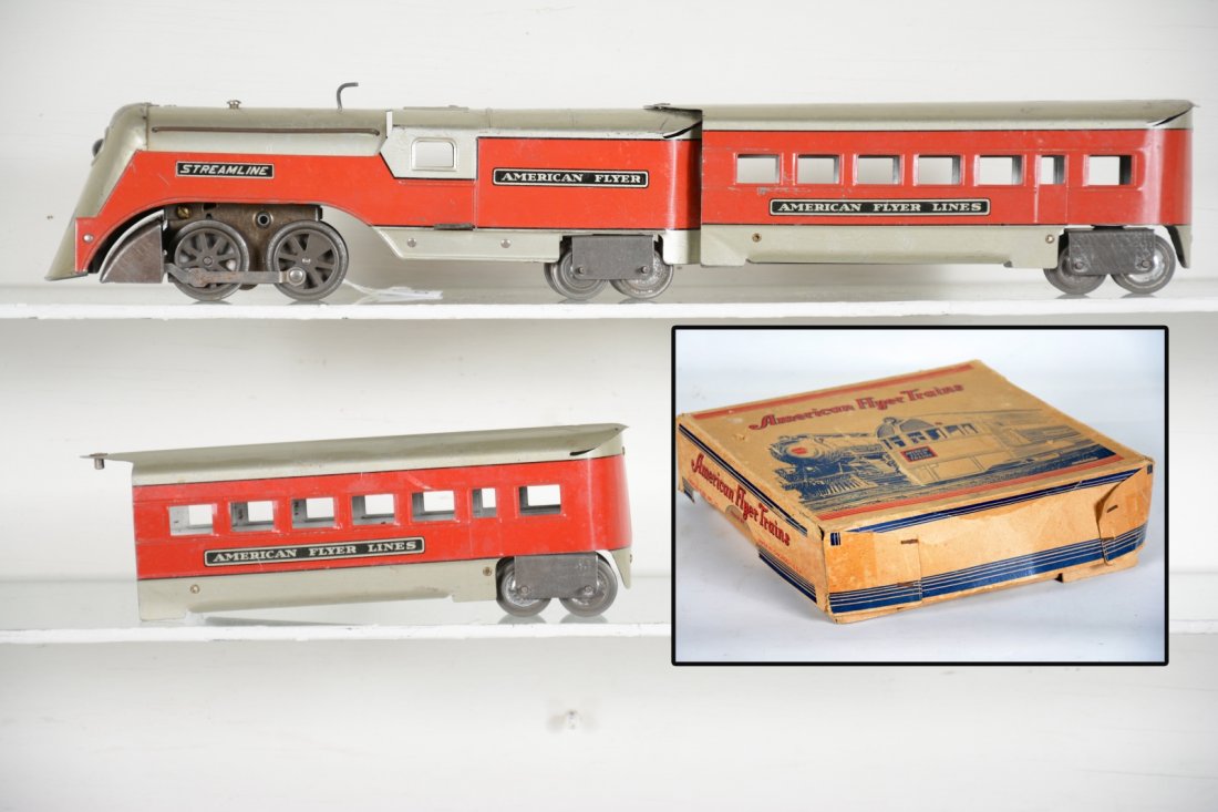 Boxed American Flyer Minnehaha: Set #806, Unusual streamliner includes a steam loco and 2 coaches. They are litho tin, and clean, better than most with scarce original setbox with track, C7