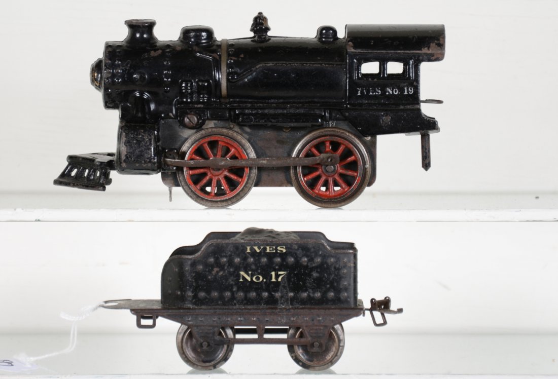 Ives 19 Steam Locomotive: Clean 19 loco, mechanism functions, motor dated 1917; 17 tender. They show light to moderate playwear, C6+