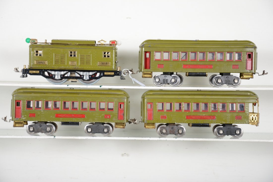 Lionel 8 Passenger Set: Standard Gauge. Includes an 8 boxcab electric, re wheeled with new lights; 2 #337 Pullmans; 338 observation. All are fairly clean, showing moderate playwear, C6-7