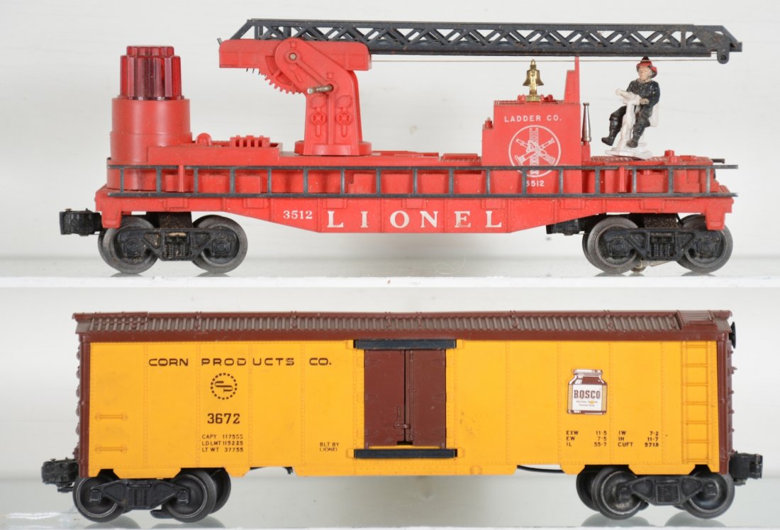 Clean Lionel 3672 & 3512 Freights: Includes a 3512 fire ladder car, intact for a change, just missing 1 nozzle; 3672 Bosco car with 1 can inside, decals 98%, no platform, C7-7+