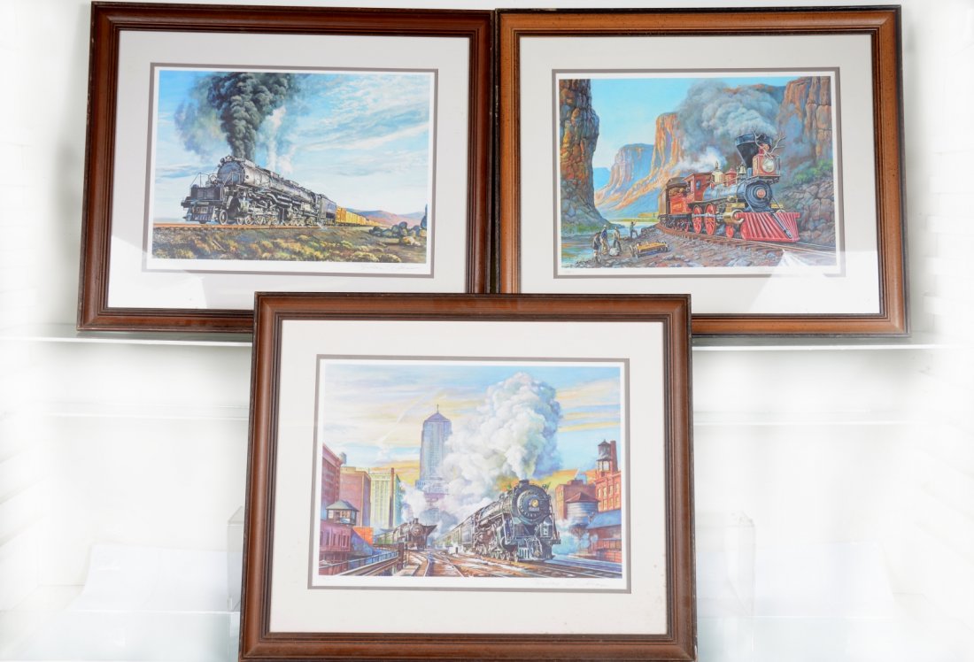 3 Limited Edition Signed Train Prints: All from the Franklin gallery, 22 X 26" walnut framed under glass with authentication paperwork on back. Artist signed in folio. Includes "Highballing on the Big Boy"; Running The Gourge", & "Eastboun