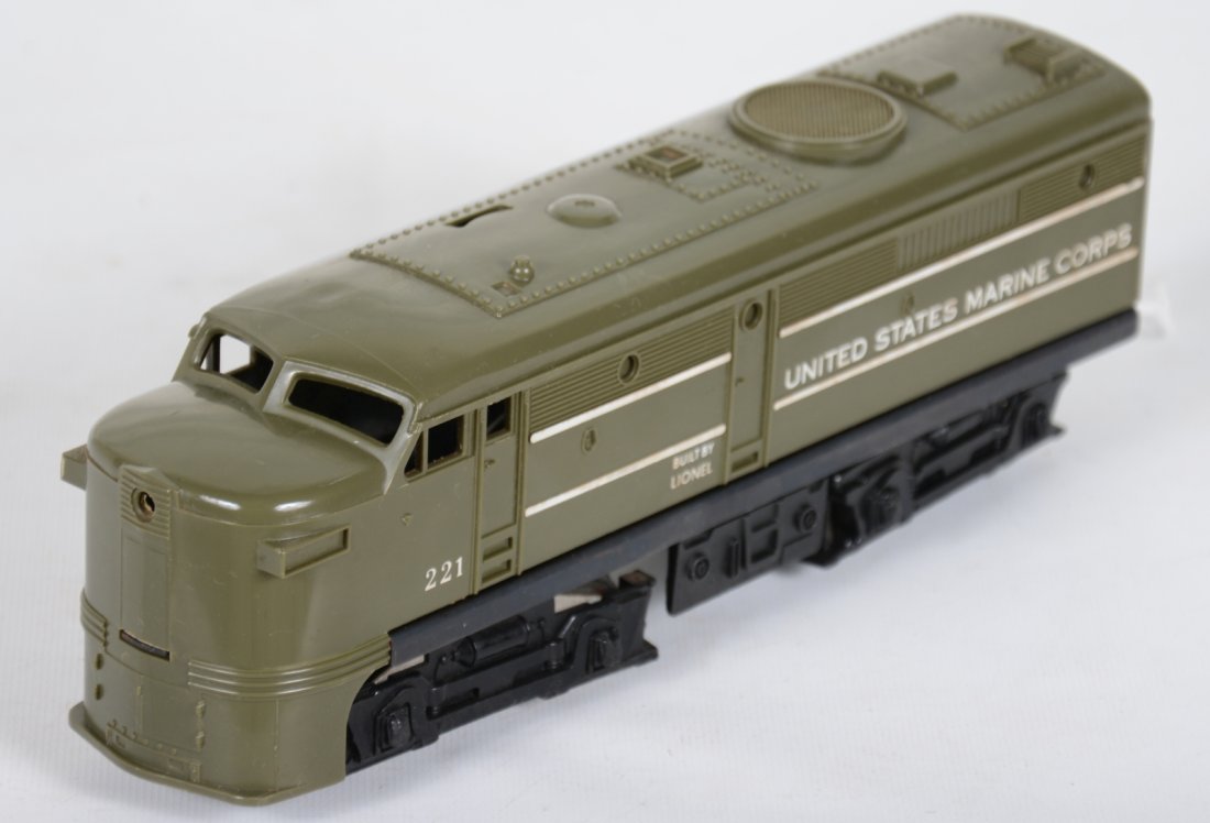 Rare Lionel JC Penney 221 USMC Diesel: Uncataloged Alco diesel that came is set 19334. It is clean, showing light playwear with small 1/4" scuff on roof, C8 Nice example.