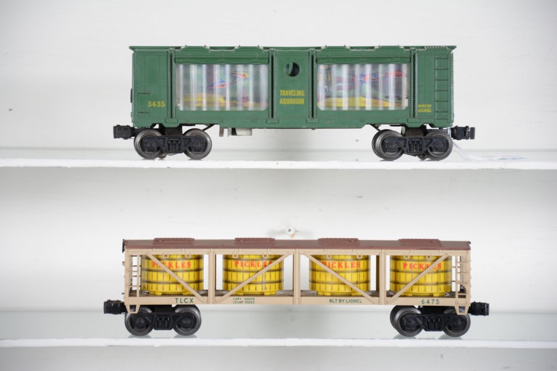 Clean Lionel 3435 & 6475: Includes a 3435 aquarium car with yellow lettering; 6475 Pickle vat car, intact body. Both show light playwear, C8