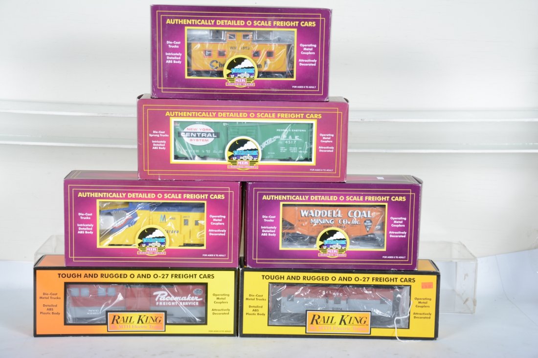 MTH Mixed Freight Cars: Includes 30-93024 NYC boxcar; 20-91263 Chessie caboose; 20-97200 Waddell coal hopper; 20-98235 LI snow plow; 30-97169 NYC work car; 30-7712 NYC caboose. All appear new in boxes, C10
