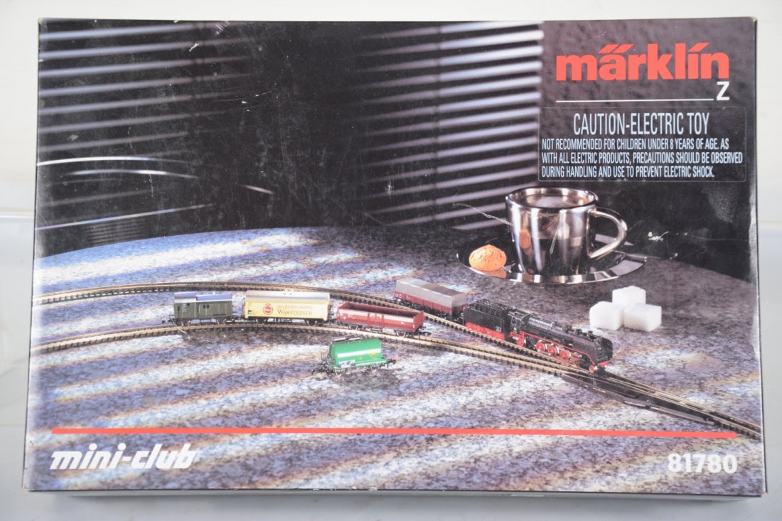 Marklin Z Gauge Set 81780: Nice set with a 2-8-2 steam loco & tender; 5 Freight cars, track, switches transformer and junction box with instructions. All appear new in box, C10