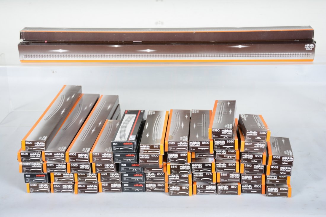 Large Marklin Z Gauge Track Lot: Includes 4 #8594; 4 #8505; 5 #8520; 4 #8590; 3 #8503; 8 #8510; 4 #8521; 3 #8531; 4 #8500; 2 #8589; 2 #8504; 3 #8587; 8506, 8507, 8591. All appear new in boxes.