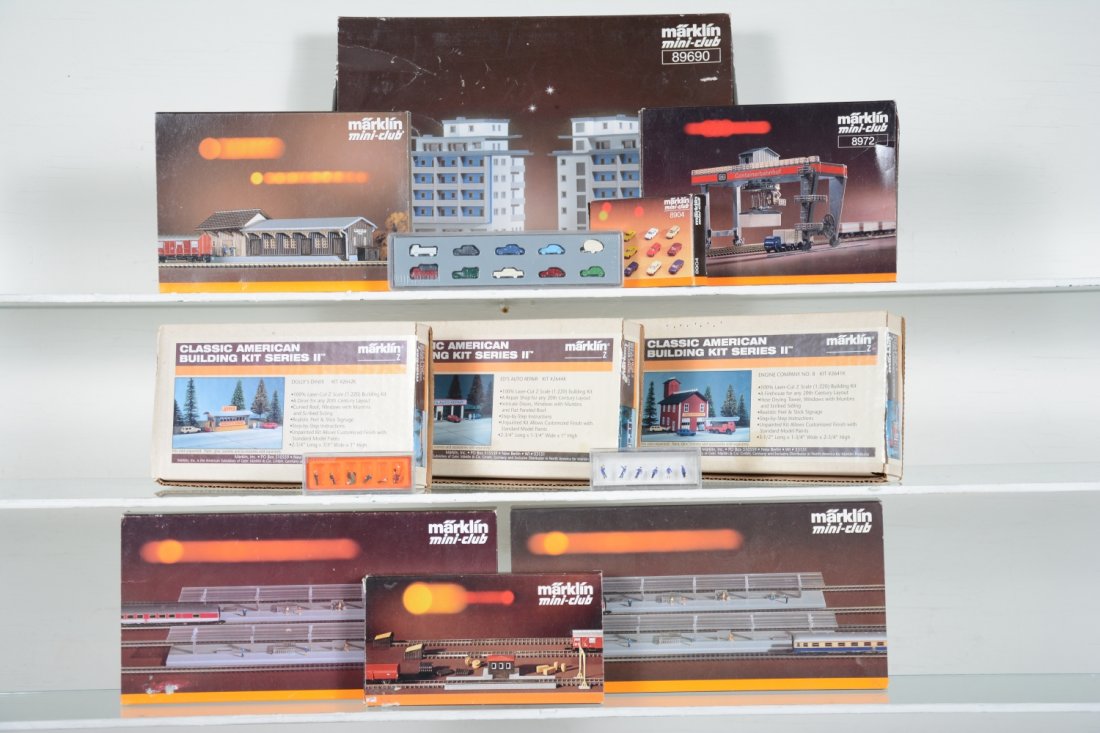 Marklin Z Gauge Structure Kits: Includes 89690 apartment houses; 2644k repair shop; 2642k diner; 2641k fire house; 8972 container crane; 8971 Freight station; 2 #8961 platforms; 8985 weigh scale, assembled; 89021 figures; 88528 & 88
