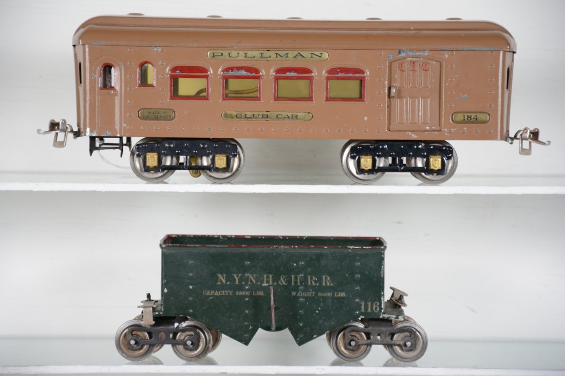 Lionel 116, Ives 184 Pre War Trains: Includes an Ives 184 combine in tan, circa 1926 with 10% flaking; Lionel 116 NYNH&H ballast car, circa 1922. Both show light to moderate playwear, otherwise C6-7