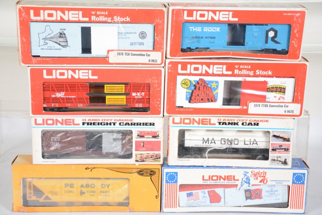 Lionel MPC Freight Cars: Includes 9276 Peabody hopper; 7604 Georgia boxcar; 9279 Magnolia tank; 9443 FEC boxcar; 9782 Rock boxcar; 9707 MKT cattle; 9678 1978 TCA boxcar; 9611 1973 TCA boxcar. Most are unrun with boxes, C9-10