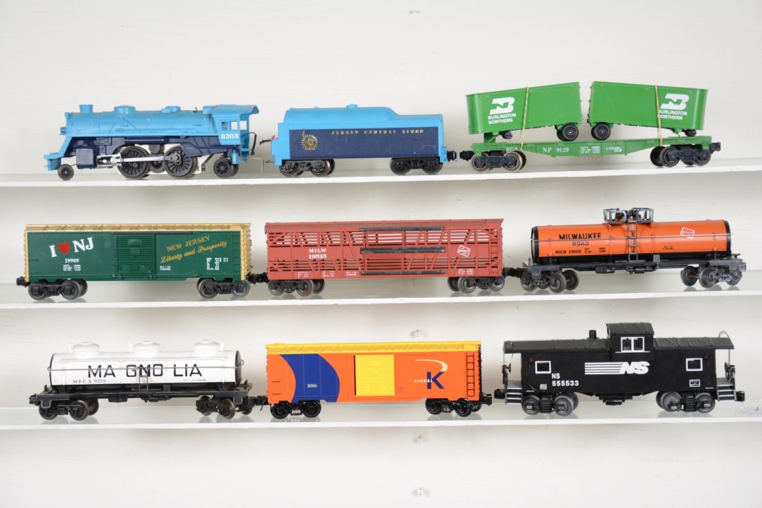 Lionel Steam Freight Set: Includes a 8303 loco, JC tender with smoke & Sound of Steam; 19909 boxcar; 19600 tank car; K-Line boxcar; 19515 stock car; 9279 tank car, corrosion on 1 truck; 9120 trailer flat; 29717 smoke caboose, 