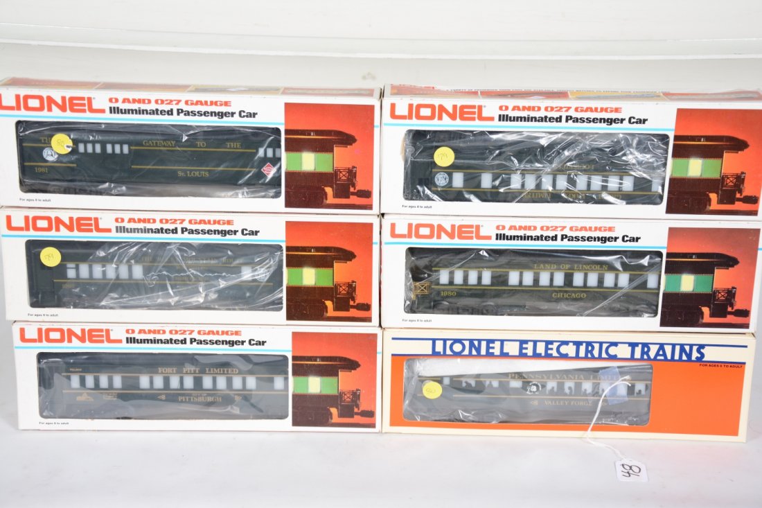 Lionel TCA Passenger Cars: Includes 0511 baggage; 7205 RPO combine; 7212 coach; 7206 coach; 17879 diner; 9544 observation. All appear new in boxes, C10