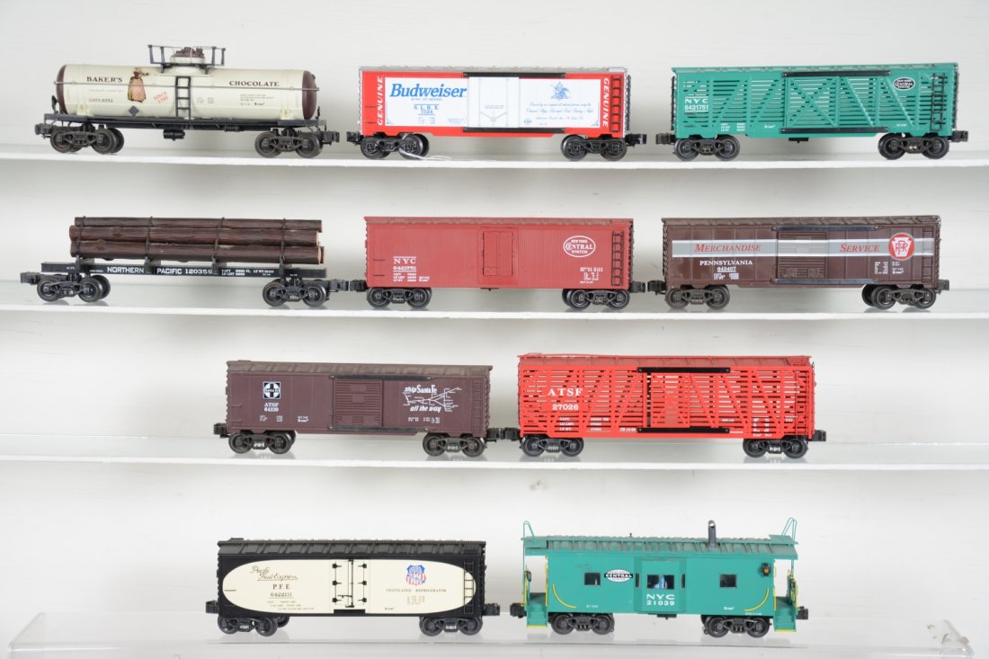 K-Line Freight Cars: Includes SP reefer; SF stock car; SF boxcar; PRR boxcar; NYC reefer; NYC bay window caboose; NP skeletal log car; NYC stock; Bakers Tank Car; Budweiser reefer. All are a bit dusty, but only show light