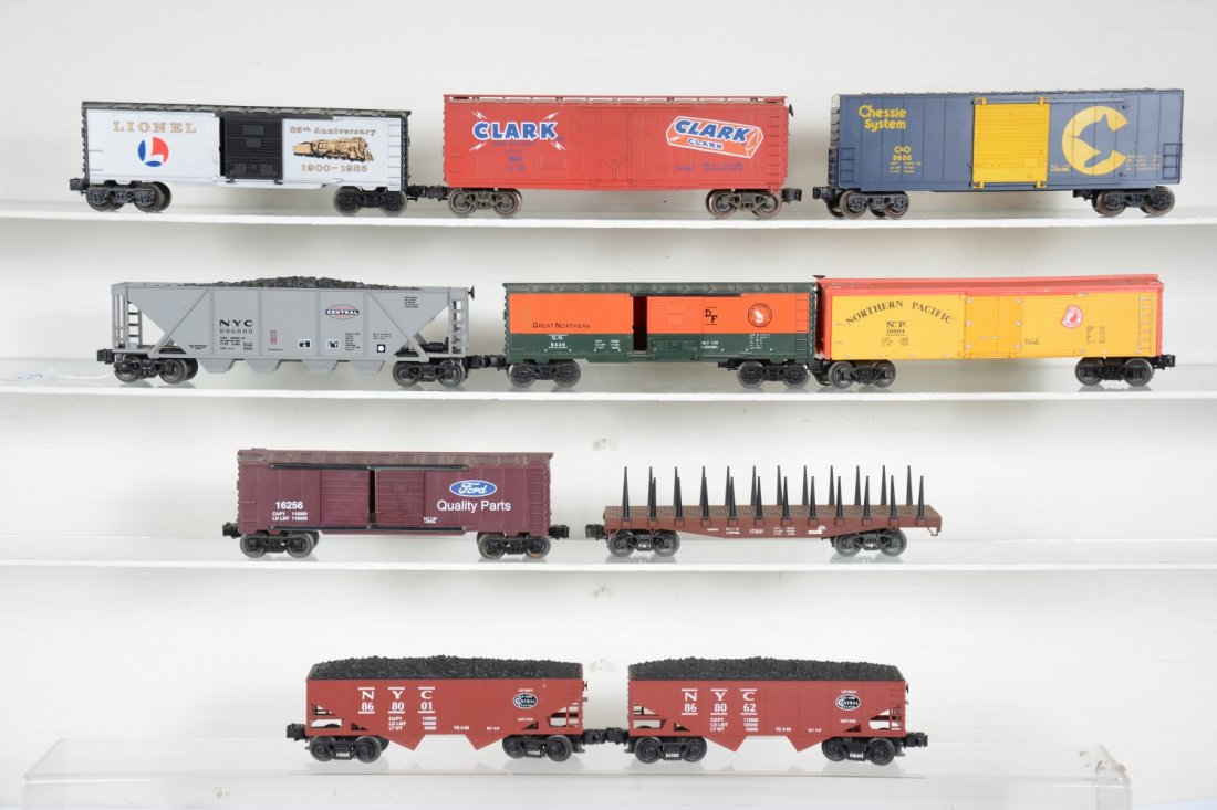 Lionel & IDM Freight Cars: Includes 2 IDM hoppers; Lionel- 6446 NYC hopper; 1985 Anniv. Boxcar; 9809 Clark standard O boxcar; 16256 Ford boxcar; 17501 Conrail stake flat; 19504 NP reefer; 9600 C&O boxcar; 9449 GN boxcar. All ar