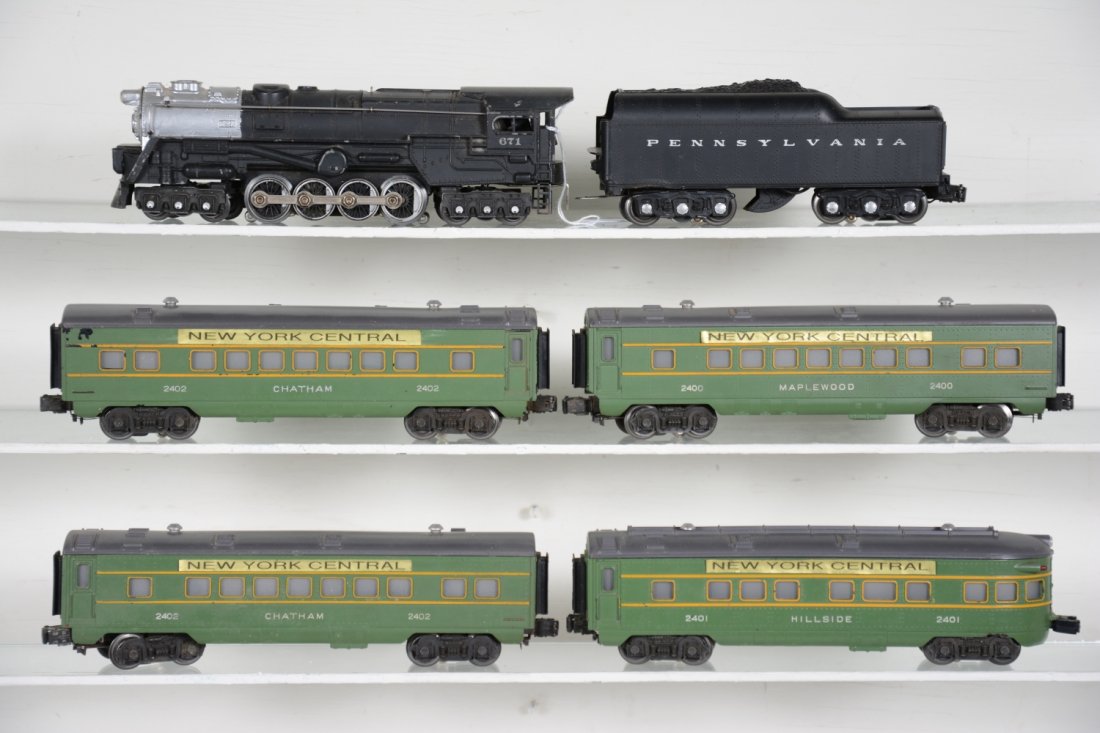 Lionel 681 Passenger Set: Includes a 681 steam turbine; 2671W PRR tender with Madison back-up lights, some silver enhancement on both; 2400 Pullman; 2 #2402 Chatham Pullman; 2401 Hillside observation, cars are nice, but have a