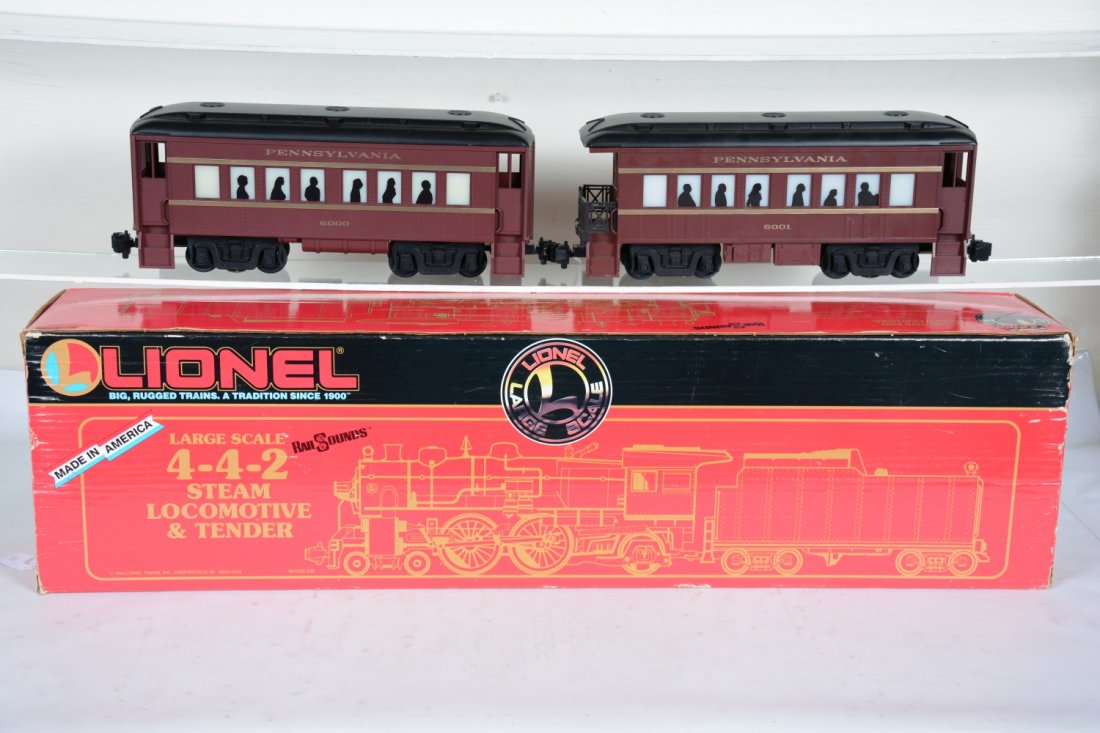 Lionel 85110 PRR E-6 Steam Set: G gauge. Nice 4-4-2 steam loco & tender equipped with RailSounds. It shows light runtime with C9 body and box; 6000 coach & 6001 observation, showing light runtime, C8+